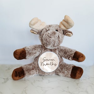 Carte d'étape interchangeable pour bébé, panneau d'étape, cadeau pour nouveau-né, jalons du mois, peluche orignal, orignal personnalisé, unique