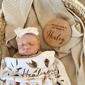 Engraved Wooden Baby Name Announcement Sign: Hello World Disc