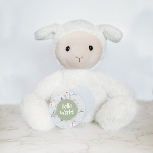 Disques d'étapes mensuelles pour bébés, jalons mensuels pour photos de bébé, cadeau de baby shower, cartes d'étapes importantes, agneau en peluche personnalisé, Hello World