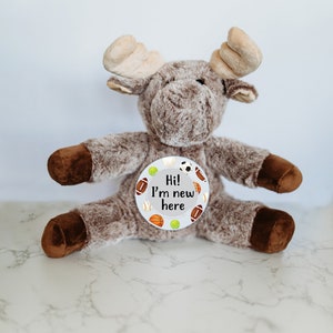 Rastreador de hitos, señal de hito, animal de peluche personalizado, hitos mensuales, tarjeta de hito, animal de peluche de alce, hito del bebé