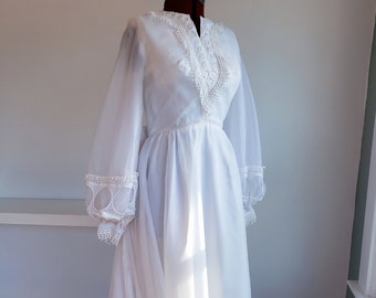 Vestido de noiva boho vintage anos 60, rústico, sonhador, mangas bispo, renda de crochê, tamanho 4/6
