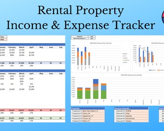 May include: A blue and white spreadsheet with the title "Rental Property Income & Expense Tracker". The spreadsheet includes a monthly revenue summary, monthly expense summary, and monthly revenue by channel. The spreadsheet is designed to help track the income and expenses of rental properties.