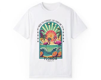 Retro Miami Beach Flamingo T-Shirt - Take Me to Florida Vintage Sunset Design
