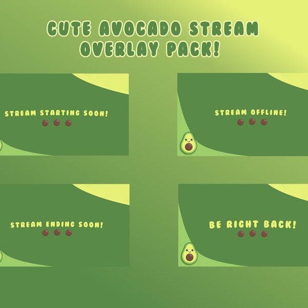 Super Cute Cartoon Avocado Stream Overlay Package For Twitch! - Live Streaming - Aesthetic - Gaming - Funny