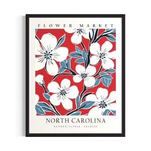 North Carolina Flower Market Poster Art Print, Botanical Collection for Bedroom Wall Art