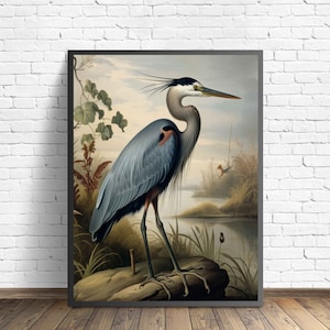 Blue Heron Bird Poster Art Print, Animal Retro Artwork Painting