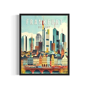 Frankfurt Alemanha Pôster Arte Impressão, Cidade Retro Vintage Pintura Decoração de Parede Arte