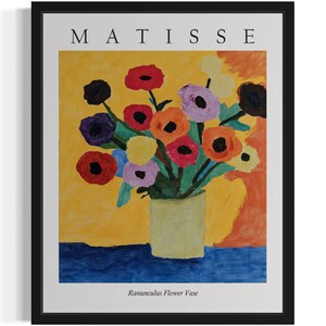 Póster con estampado artístico de jarrón de flores de ranúnculo, cuadro de arte mural con flores de Matisse, obra de arte para decoración de sala de estar