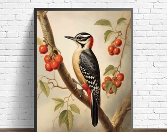 Póster de pájaro carpintero con impresión artística, pintura de arte retro de animales
