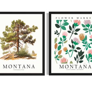 Póster artístico del estado de Montana (juego de 2), cuadro de arte mural con mercado de flores y árboles, obra de arte para decoración de sala de estar