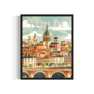 Toulouse France affiche impression d'art, ville rétro vintage peinture murale art déco