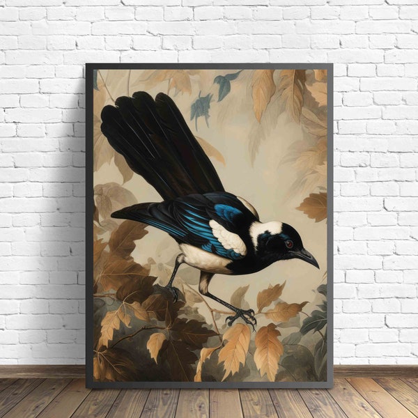 Magpie Bird Poster Art Print, Animal Retro Artwork Painting