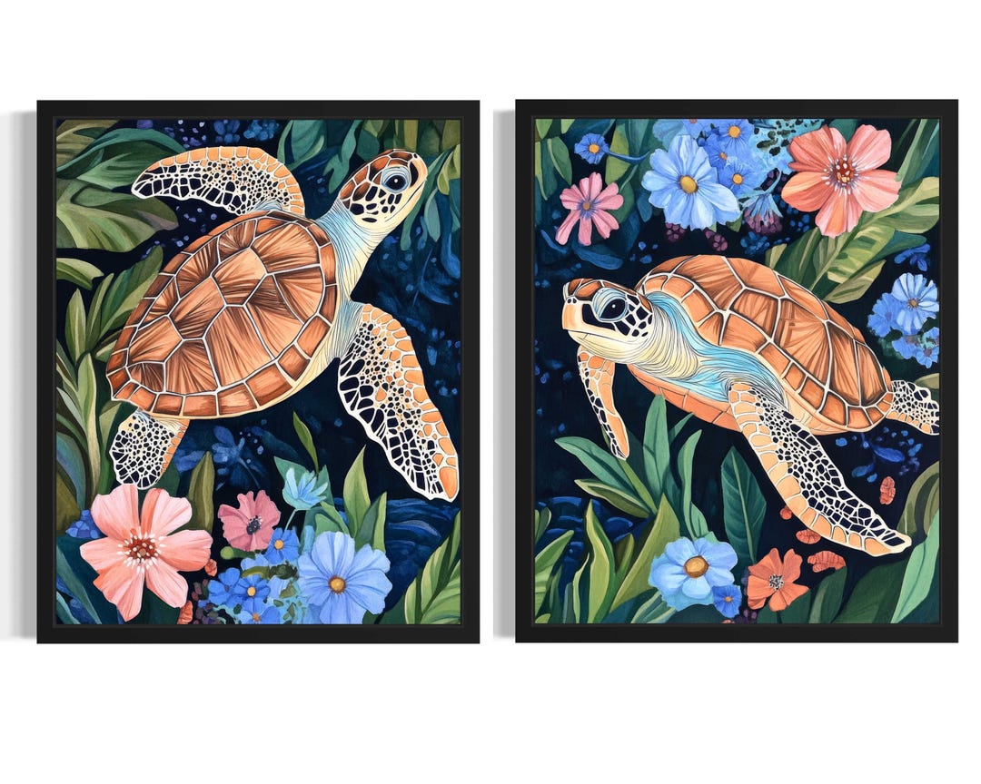 Sea Turtles Poster Art Print (set of 2), William Morris Insects Wall ...