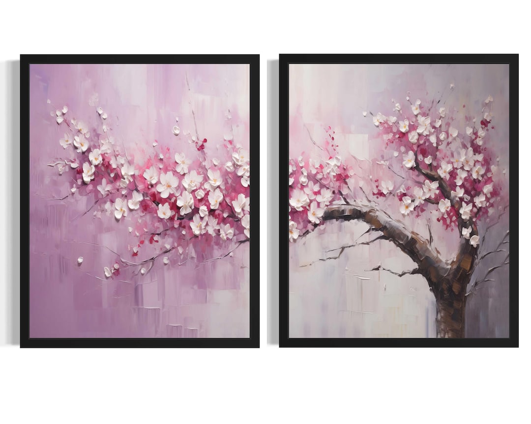 Pink Cherry Blossom Poster Art Print (set of 2), Abstract Wall Art ...