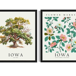Póster artístico impreso del estado de Iowa (juego de 2), cuadro de arte mural con mercado de flores y árboles, obra de arte para decoración de sala de estar