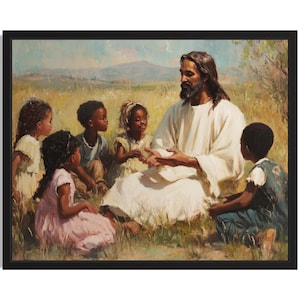 Póster artístico de Jesús negro con niños, pintura de pared de Jesús afroamericano, obra de arte, decoración para sala de estar
