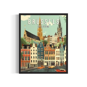 Brussels Belgium Poster Art Print, City Retro Vintage Painting Wall Art Decor