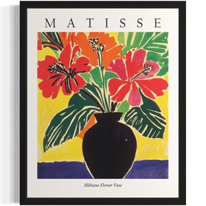 Póster con estampado artístico de jarrón de flores de hibisco, cuadro de arte mural con flores de Matisse, obra de arte para decoración de sala de estar
