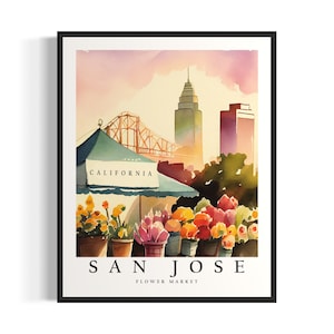 San Jose Blumenmarkt Aquarell Malerei San Jose Botanische Skyline Hintergrund Wand Kunst Poster Druck
