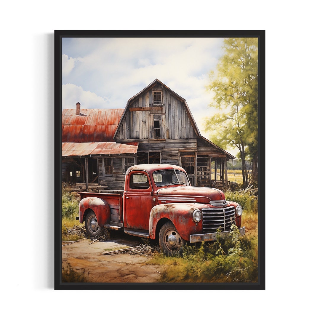 Barn With an Old Truck Poster Art Print, Vintage Farmhouse Painting ...