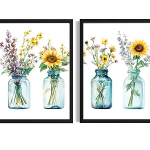 Sonnenblumen Gläser Poster Kunst Druck (2er Set), Blumen Wand Kunst Malerei Bild Kunstwerk Wohnzimmer Dekor