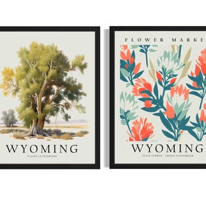 Póster artístico del estado de Wyoming (juego de 2), cuadro de arte mural con un mercado de flores y árboles, obra de arte para decoración de sala de estar