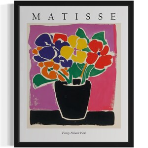 Póster con estampado artístico de jarrón de flores de pensamientos, cuadro de arte mural con flores de Matisse, obra de arte para decoración de sala de estar