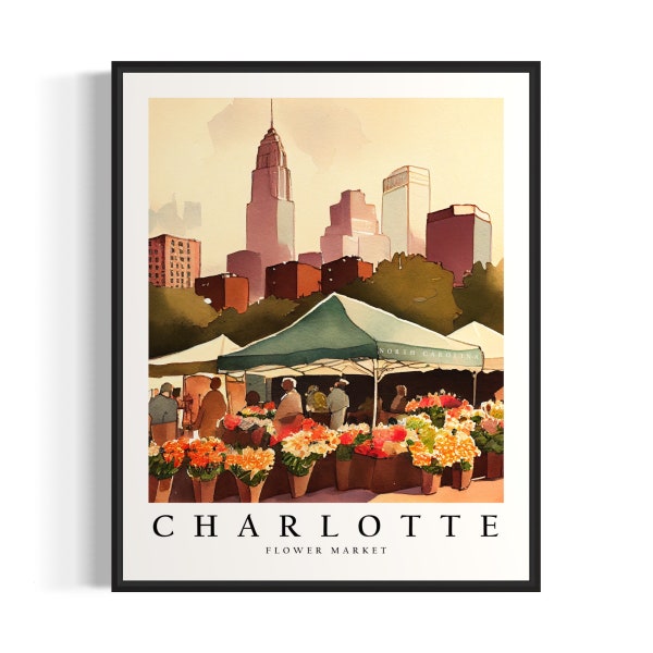 Charlotte Flower Market Watercolor Painting Charlotte Botanical Skyline Background Wall Art Poster Print