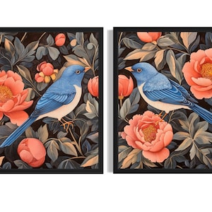 Póster de pájaros azules (juego de 2), impresión artística, pintura de pared de pájaros de William Morris, obra de arte, decoración para sala de estar