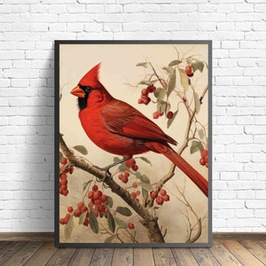 Póster de pájaro cardenal, impresión artística, pintura de arte retro animal