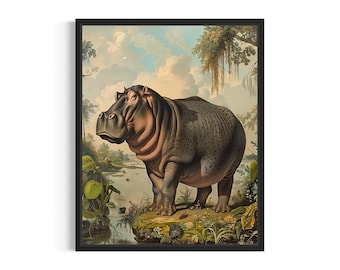 Hippopotamus Poster Art Print, Vintage Animal Painting Wall Decor