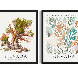 Póster artístico del estado de Nevada (juego de 2), cuadro con diseño de mercado de flores y árboles, ideal para decorar la sala de estar.