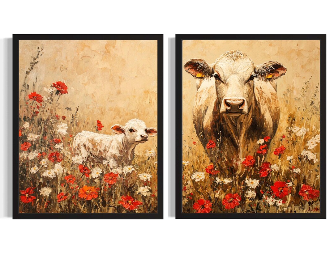 Cow Poster Art Print (set of 2), Animal Wall Art Painting Picture ...