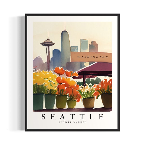 Seattle Flower Market Watercolor Painting Seattle Botanical Skyline Background Wall Art Poster Print