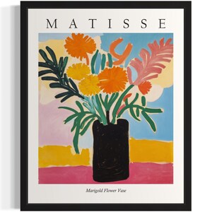 Póster con estampado artístico de jarrón de flores de caléndula, cuadro de arte mural con flores de Matisse, obra de arte para decoración de sala de estar