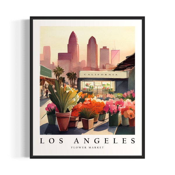 Los Angeles Flower Market Watercolor Painting Los Angeles Botanical Skyline Background Wall Art Poster Print