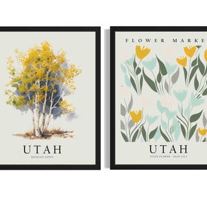 Póster artístico del estado de Utah (juego de 2), cuadro con diseño de mercado de flores y árboles, ideal para decorar la sala de estar.