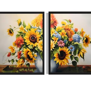 Póster con diseño de girasoles en jarrón (juego de 2), pintura abstracta para pared, decoración para sala de estar