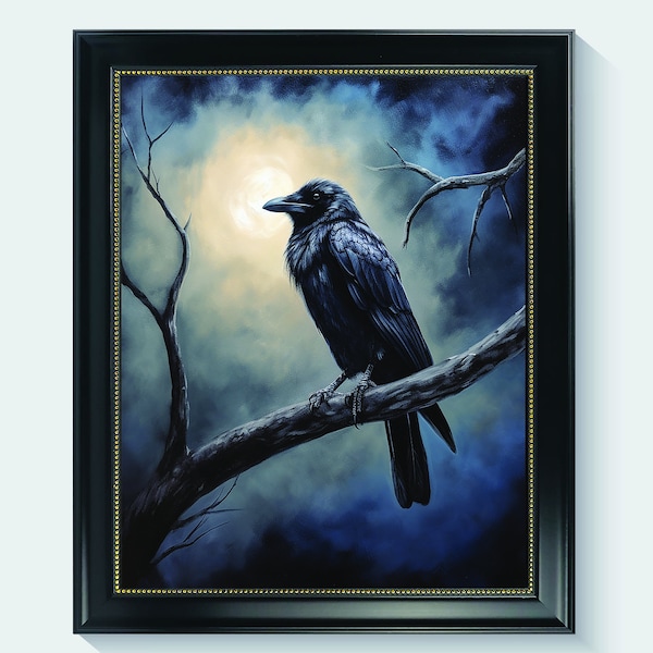 Crow Under the Moonlight Poster Art Print, Gothic Wall Decor Painting Artwork