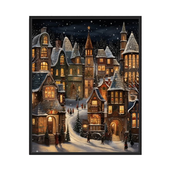 Festive Village Poster Art Print, Holiday Christmas Wall Decor Painting Artwork