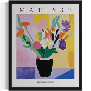 Póster con estampado artístico de jarrón de flores de escabiosa, cuadro de arte mural con flores de Matisse, obra de arte para decoración de sala de estar