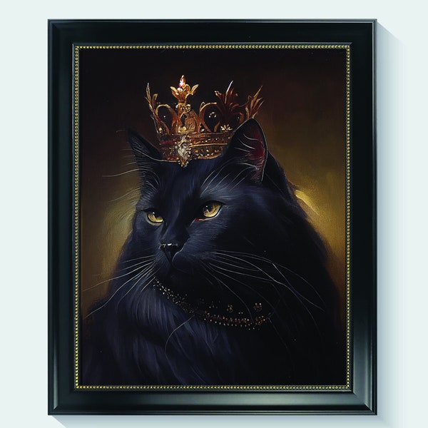 Black Cat with Crown Poster Art Print, Gothic Wall Decor Painting Artwork