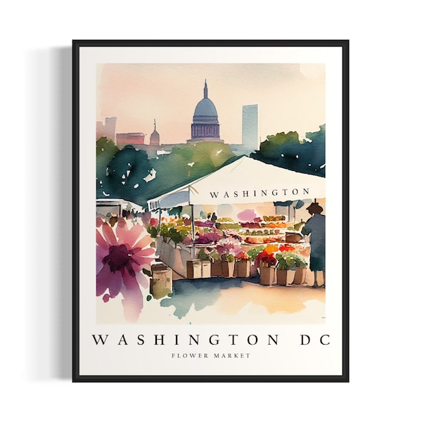 Washington DC Flower Market Watercolor Painting Washington DC Botanical Skyline Background Wall Art Poster Print