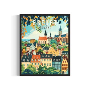 Erfurt Alemanha Pôster Arte Impressão, Cidade Retro Vintage Pintura Decoração de Parede Arte