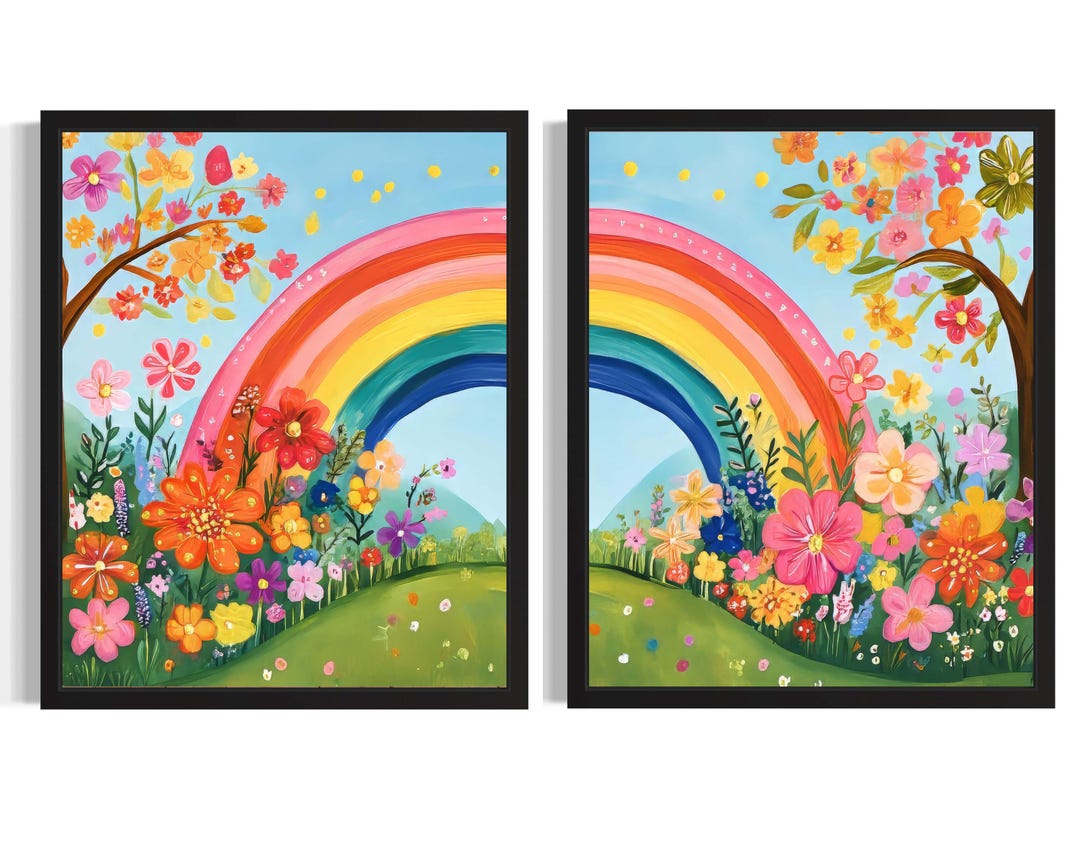 Rainbow and Flowers Poster Art Print (set of 2), Fantasy Wall Art ...