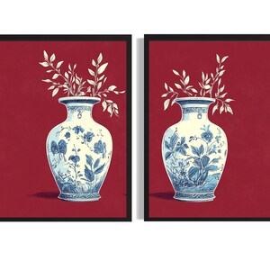 Póster de jarrón de porcelana china (juego de 2), impresión artística, flores, arte de pared, pintura, obra de arte, decoración para sala de estar
