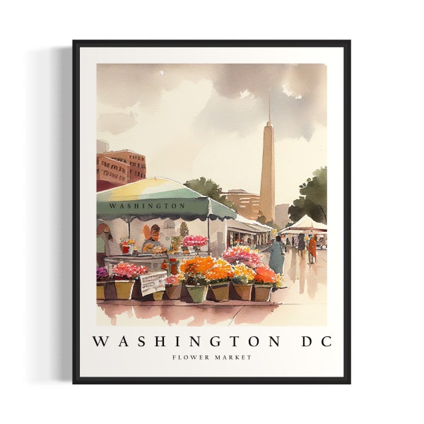 Washington DC Flower Market Watercolor Painting Washington DC Botanical Skyline Background Wall Art Poster Print
