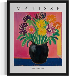 Póster con estampado artístico de jarrón de flores de aster, cuadro de arte mural con flores de Matisse, obra de arte para decoración de sala de estar