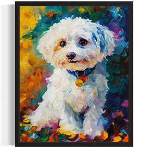 Pôster abstrato colorido maltês, arte impressa, pintura de parede de cachorro, arte de decoração para sala de estar