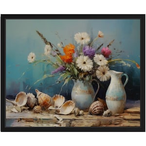 Póster con estampado artístico de jarrón de flores y conchas marinas, pintura abstracta para pared, obra de arte para decoración de sala de estar.